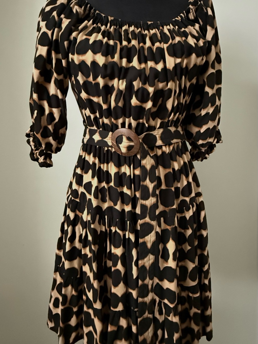 Anthropologie Leopard Print Off Shoulder Dress w/Belt Size M